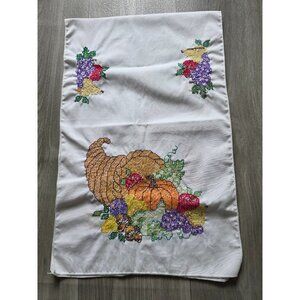 Thanksgiving Hand-Embroidered Cornucopia Table Runner With Fruit Design